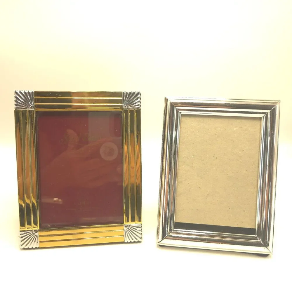 Vintage 3.5x5 Metal Photo Frames Solid Brass Silver Tone Korea Set of 2